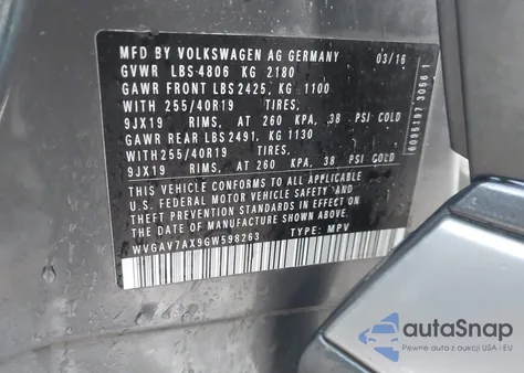 2016 Volkswagen Tiguan R-Line z USA, uszkodzony, nr VIN WVGAV7AX9GW598263